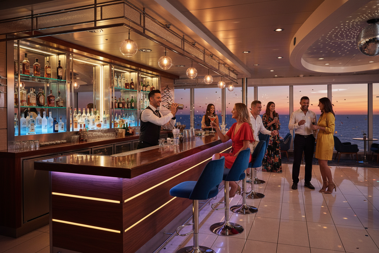 personal service with person sitting at a cruise ship bar enjoying a cocktail