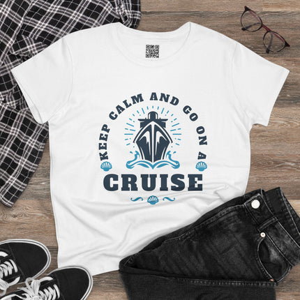 Stay Calm and Go on a Cruise Women's Tee, Cruise-Themed Women's Midweight Cotton Tee, Vacation Wardrobe Essential, Travel Shirt, Summer Outfit