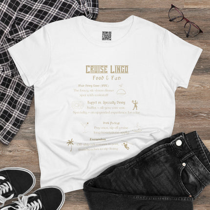 Cruise Lingo Food and Fun Women's 100% Cotton Tee with Fun Cruise Theme, Perfect for Summer Vacations, Cruise Enthusiasts, Unique Gift Idea