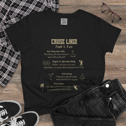 Cruise Lingo Food and Fun Women's 100% Cotton Tee with Fun Cruise Theme, Perfect for Summer Vacations, Cruise Enthusiasts, Unique Gift Idea