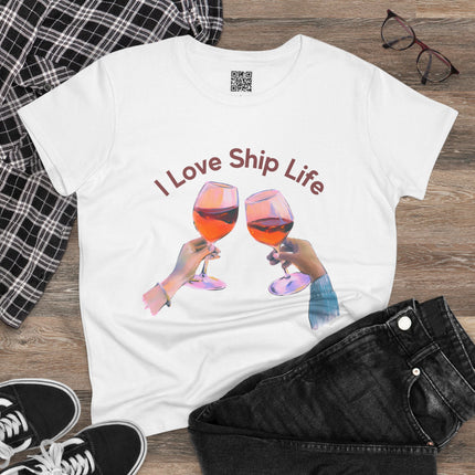 I Love Ship Life Wine Lover Women's 100% Cotton Tee, Casual Everyday Wear, Cruise tee