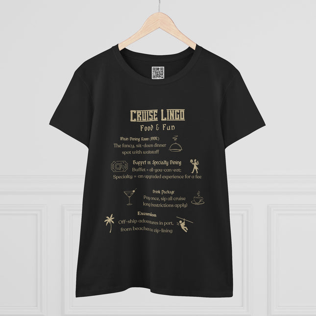 Cruise Lingo Food and Fun Women's 100% Cotton Tee with Fun Cruise Theme, Perfect for Summer Vacations, Cruise Enthusiasts, Unique Gift Idea