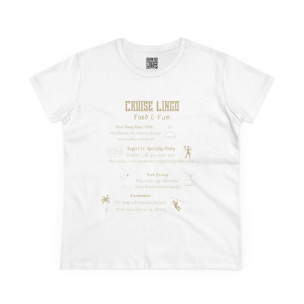 Cruise Lingo Food and Fun Women's 100% Cotton Tee with Fun Cruise Theme, Perfect for Summer Vacations, Cruise Enthusiasts, Unique Gift Idea