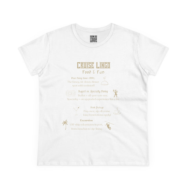 Cruise Lingo Food and Fun Women's 100% Cotton Tee with Fun Cruise Theme, Perfect for Summer Vacations, Cruise Enthusiasts, Unique Gift Idea