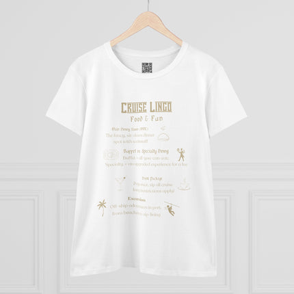 Cruise Lingo Food and Fun Women's 100% Cotton Tee with Fun Cruise Theme, Perfect for Summer Vacations, Cruise Enthusiasts, Unique Gift Idea