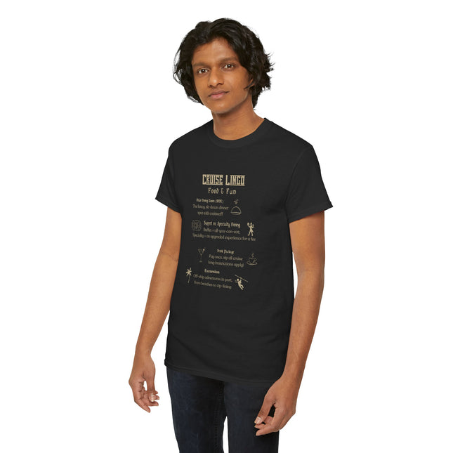 Cruise Lingo Food and Fun Unisex Heavy Cotton Tee with Fun Cruise Theme, Perfect for Summer Vacations, Beach Parties, Travel Enthusiasts, Unique Gift Idea