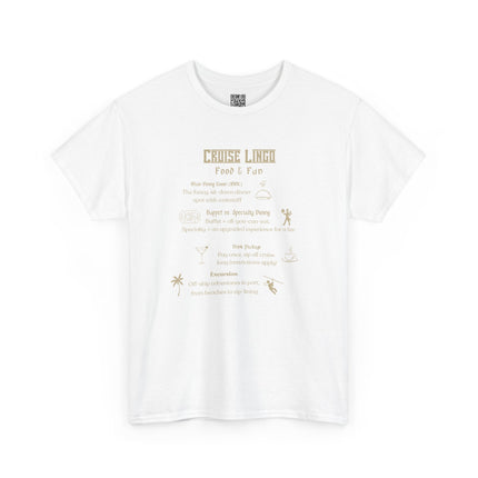 Cruise Lingo Food and Fun Unisex Heavy Cotton Tee with Fun Cruise Theme, Perfect for Summer Vacations, Beach Parties, Travel Enthusiasts, Unique Gift Idea