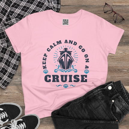 Stay Calm and Go on a Cruise Women's Tee, Cruise-Themed Women's Midweight Cotton Tee, Vacation Wardrobe Essential, Travel Shirt, Summer Outfit