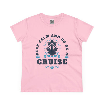 Stay Calm and Go on a Cruise Women's Tee, Cruise-Themed Women's Midweight Cotton Tee, Vacation Wardrobe Essential, Travel Shirt, Summer Outfit