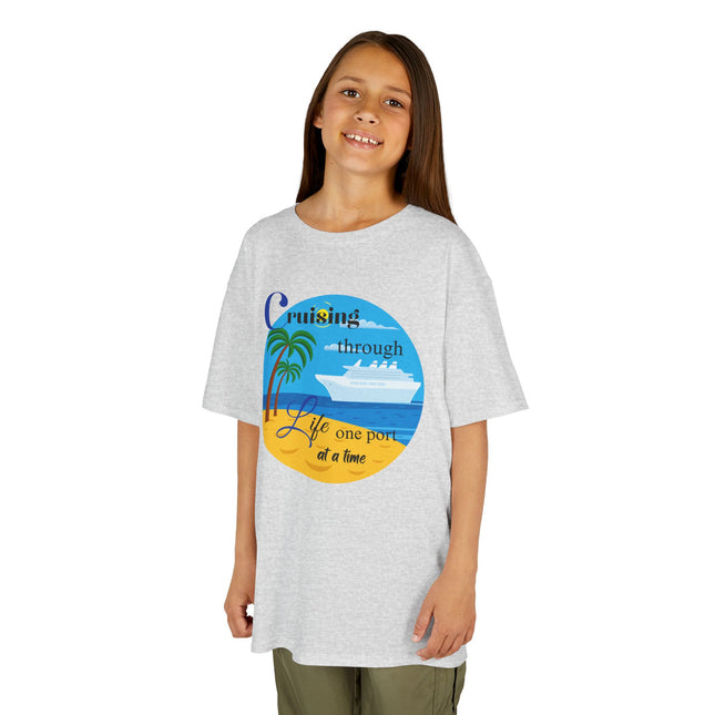 Cruisin' through Life One Port at a Time Youth Unisex Heavy Cotton Tee - Beach Vibes T-Shirt, Summer Vacation Shirt, Travel Tee, Nautical Graphic Tee, Cruise Lover Gift