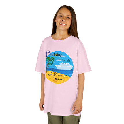 Cruisin' through Life One Port at a Time Youth Unisex Heavy Cotton Tee - Beach Vibes T-Shirt, Summer Vacation Shirt, Travel Tee, Nautical Graphic Tee, Cruise Lover Gift