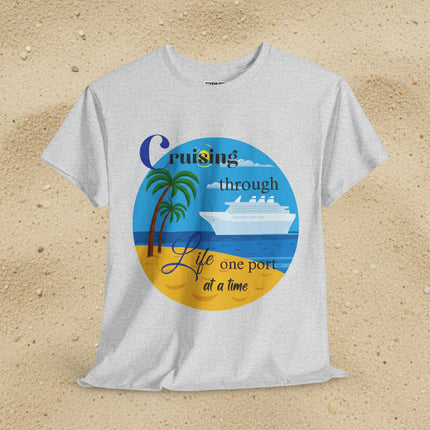 Gray t-shirt with palm tre, beach and cruise ship graphic and  'Cruisin' through Life One Port at a Time' text