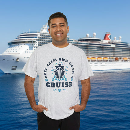 Man wearing a gray t-shirt with 'Keep Calm and Go on a Cruise' text and graphic.
