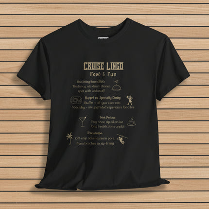 Black t-shirt with cruise lingo Food & Fun text and ship graphics