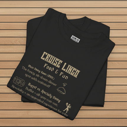 Black t-shirt with cruise lingo Food & Fun text and ship graphics