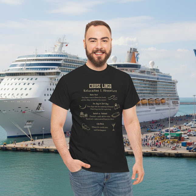 Man wearing a black t-shirt with Cruise Lingo Relaxation and Adventure text
