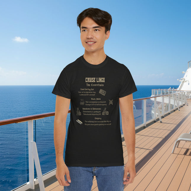 Person wearing a black t-shirt with Cruise Lingo The Essentials text and graphics