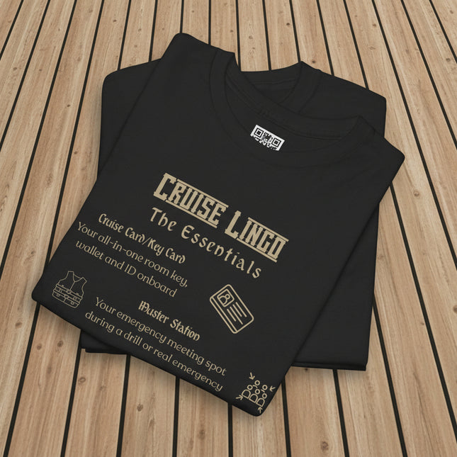 Folded Black t-shirt with 'Cruise Lingo The Essentials" text