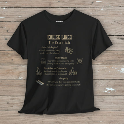 Black t-shirt with 'Cruise Lingo The Essentials' text and graphics
