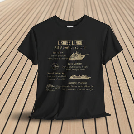 Black t-shirt with cruise lingo text and ship graphics