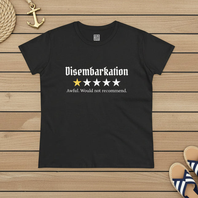 Black t-shirt with 'Disembarkation' and one-star rating text