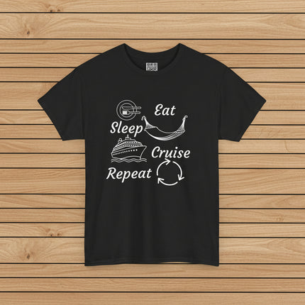 Black t-shirt with white Eat, Sleep, Cruise, Repeat text and graphics 