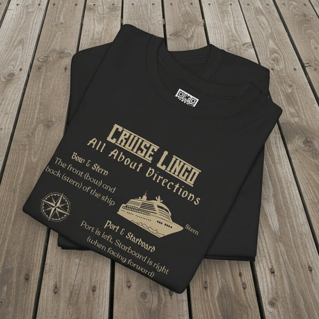 Black t-shirt with cruise lingo text and ship graphics