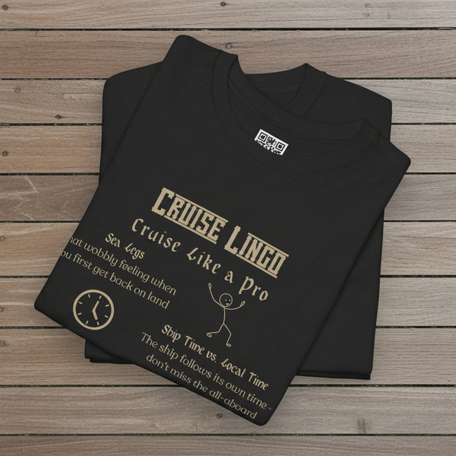 Black t-shirt with cruise lingo text and ship graphics