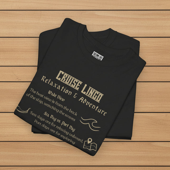 Black t-shirt with Cruise Lingo Relaxation and Adventure text
