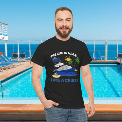Man wearing a black t-shirt with a humorous cruise-themed design and "The End is Near...take a cruise" text