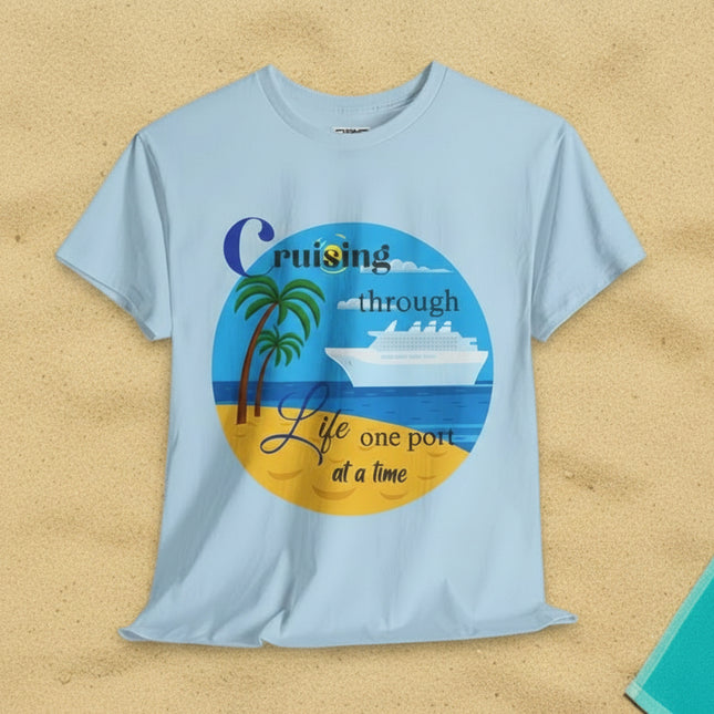 Blue t-shirt with palm tre, beach and cruise ship graphic and  'Cruisin' through Life One Port at a Time' text