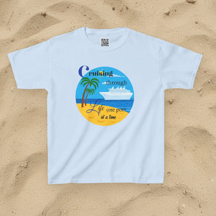 Blue t-shirt with beach, palm tress and cruise ship design and  'Cruisin' through Life One Port at a Time' text