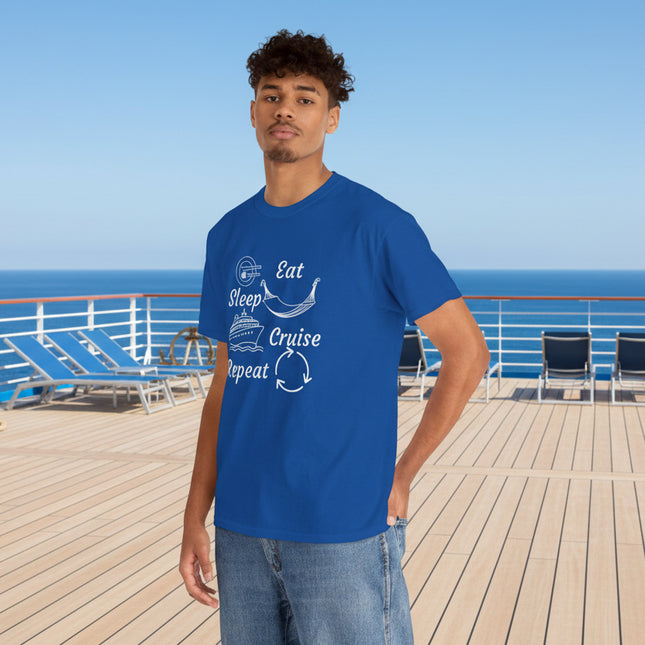 Man wearing a blue t-shirt with 'Eat Sleep Cruise Repeat' design