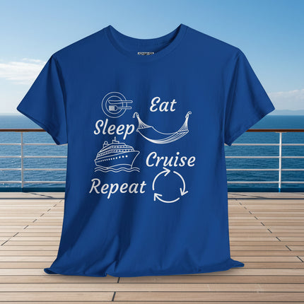 Blue t-shirt with 'Eat Sleep Cruise Repeat' design on a cruise ship deck
