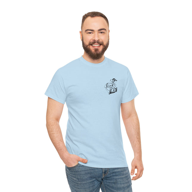 Man wearing a light blue t-shirt with a small anchor on a white background