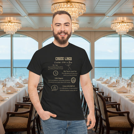 Man wearing a black t-shirt with cruise lingo text and ship graphics