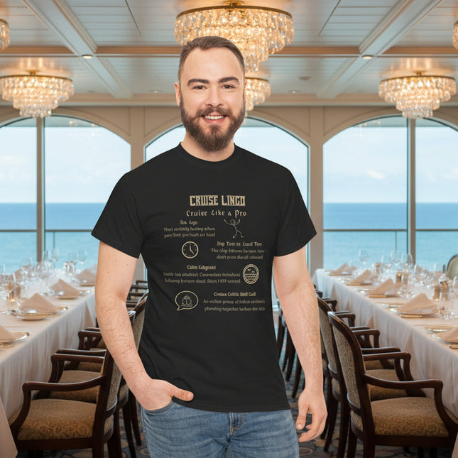 Man wearing a black t-shirt with cruise lingo text and ship graphics