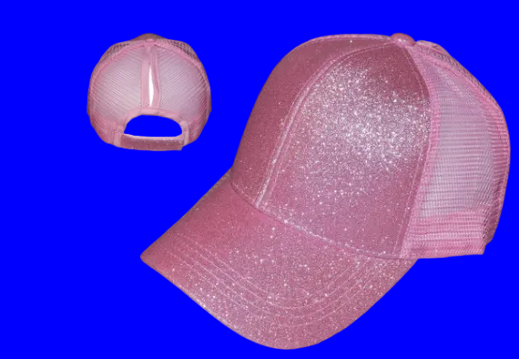 Pink glittery trucker cap with mesh back on a white background