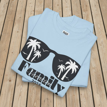 Light blue t-shirt with black sunglasses and palm tree design and family vacation text