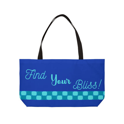 Blue tote bag with 'Find Your Bliss!' text and polka dot border on a white background
