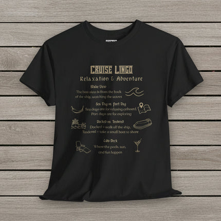 Black t-shirt with Cruise Lingo Relaxation and Adventure text