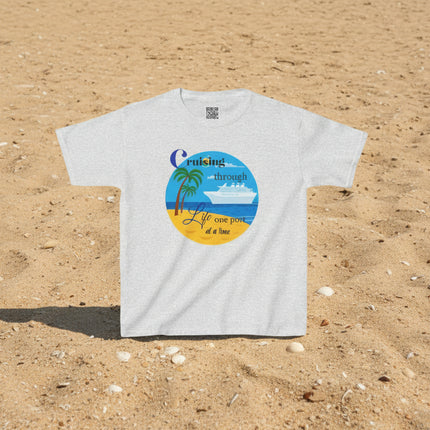 Gray Ash t-shirt with beach, palm tress and cruise ship design and  'Cruisin' through Life One Port at a Time' text