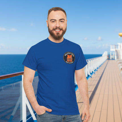 Man wearing a blue t-shirt with a life vest graphic and Muster Drill Survivor text