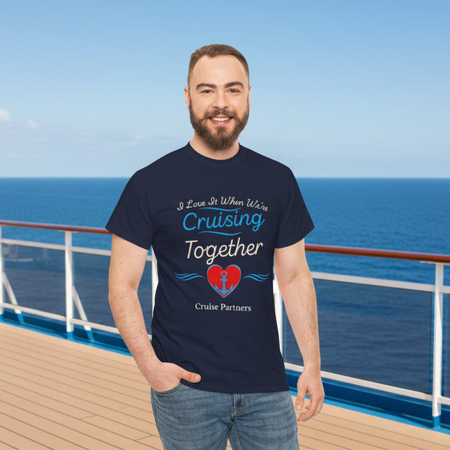 Man wearing a navy blue t-shirt with a "Cruising Together" text and a red heart with an anchor