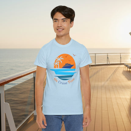 Person wearing a light blue t-shirt with a 'On Cruise Time' graphic design.