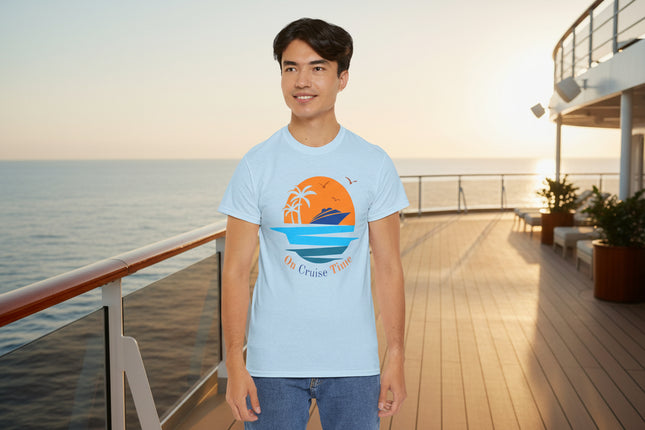 Person wearing a light blue t-shirt with a 'On Cruise Time' graphic design.