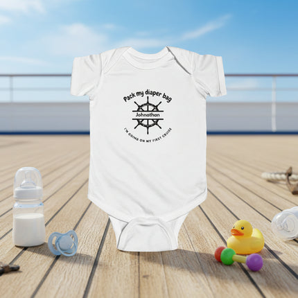 White personalized baby onesie with black "Pack My Diaper Bag" text and boat steering wheel design 