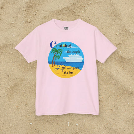 Pink t-shirt with beach, palm tress and cruise ship design and  'Cruisin' through Life One Port at a Time' text