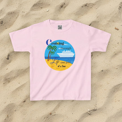 Pink t-shirt with beach, palm tress and cruise ship design and  'Cruisin' through Life One Port at a Time' text