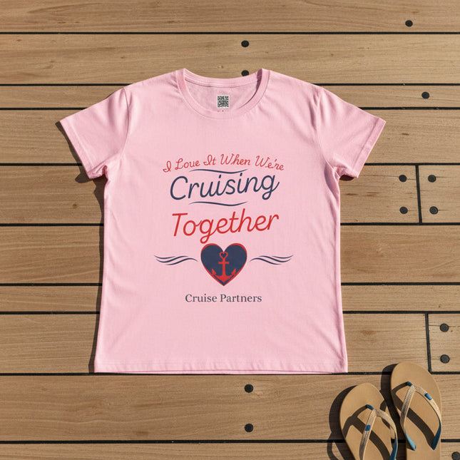 Pink t-shirt with 'Cruising Together' text and heart design 